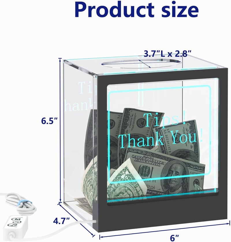 HEMYLU Light Up Tip Jar with Large Opening, RGB LED Lights for Tip Collection & Donations, Customizable Message Slide for Money, Voting, and Ballots, Perfect for Events, Restaurants, and Fundraisers - Image 4